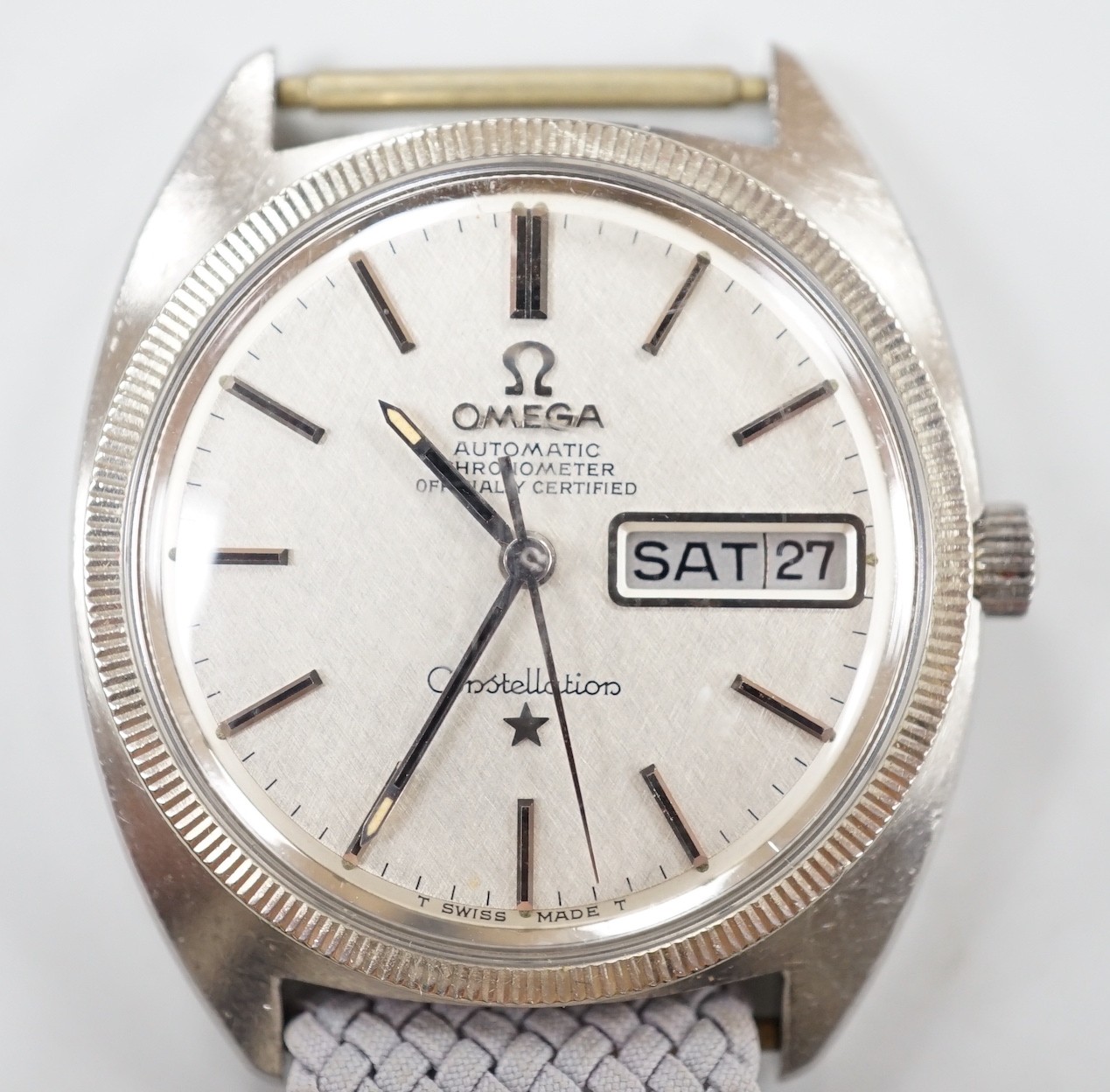 A gentleman's late1960's stainless steel Omega Constellation Automatic Chronometer wrist watch, on associated strap, case diameter 35mm. movement c.751.